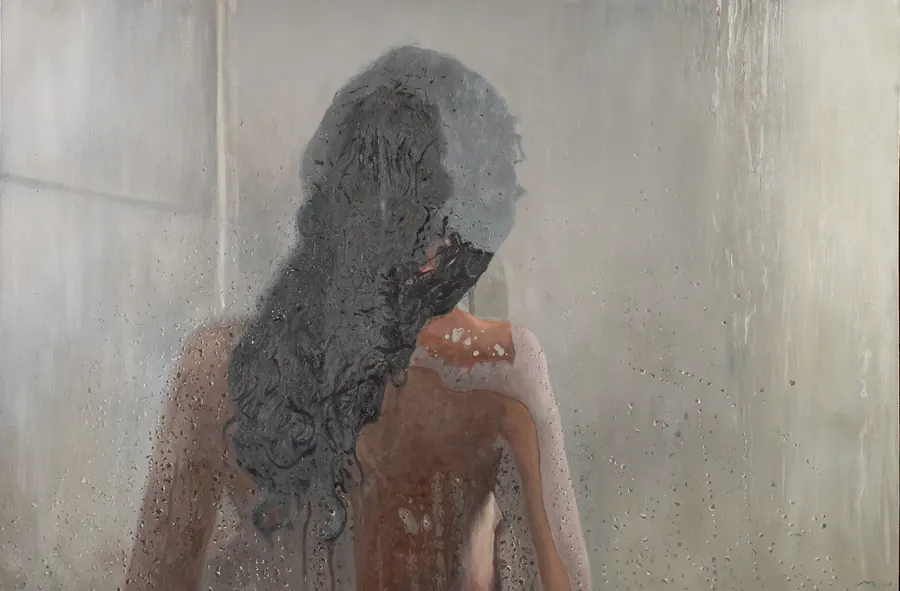 Oil painting of a woman seen from behind a fogged window